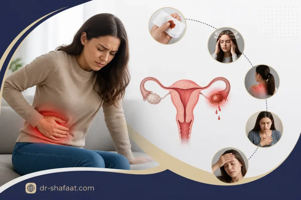 علائم پارگی لوله رحم و وضعیت اورژانسی — تصویر آموزشی علائم هشدار بارداری خارج رحمی مانند درد یکطرفه لگن و سرگیجه
