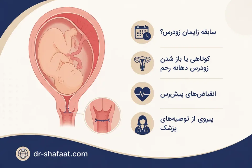 خطر زایمان زودرس یا نارسایی دهانه رحم — نمای شماتیک جفت و دهانه رحم برای توضیح محدودیت رابطه در جفت سرراهی